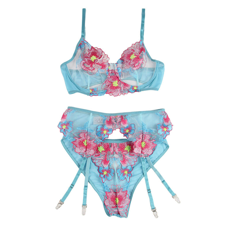 Subblime - 954116 Bh + Höschen mit Strumpfgürtel Blumendesign Blau L/XL