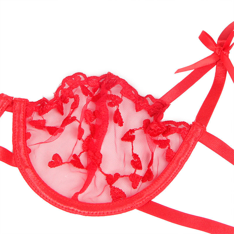Subblime - 954321 Bh + String + Strumpfgürtel mit Herzdruck Rot S/M
