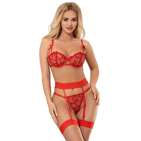 Subblime - 954321 Bh + String + Strumpfgürtel mit Herzdruck Rot S/M