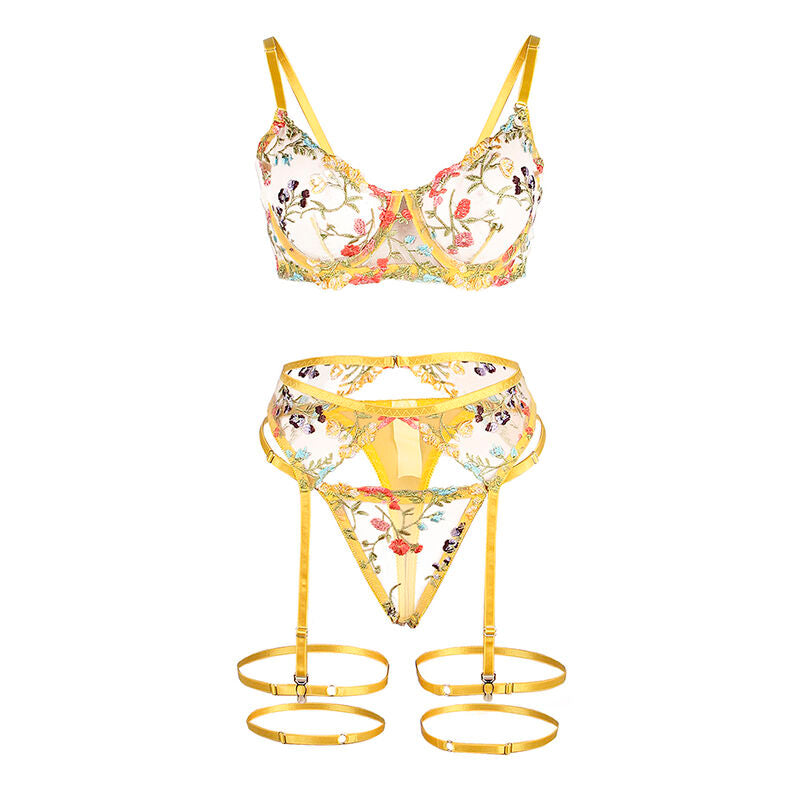 Subblime - 954345 Bh + String + Strumpfgürtel Blumendesign Gelb S/M