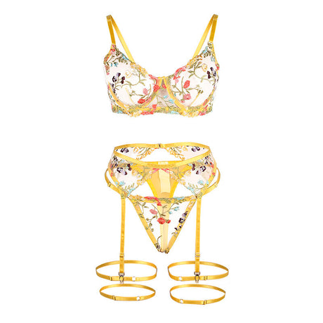 SUBBLIME - 954345 BH + STRING + STRUMPFGÜRTEL BLUMENDESIGN GELB S/M
