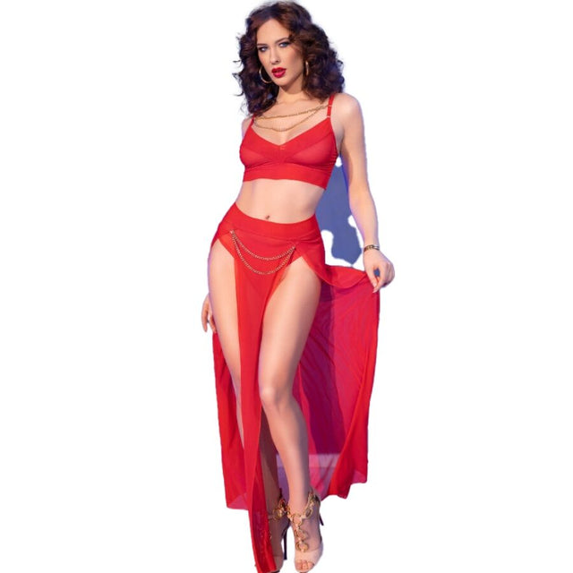Chilirose - Cr 4850 Rotes Top und Leggings Set mit Goldenen Accessoires S