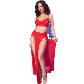 Chilirose - Cr 4850 Rotes Top und Leggings-Set mit Goldenen Accessoires XL