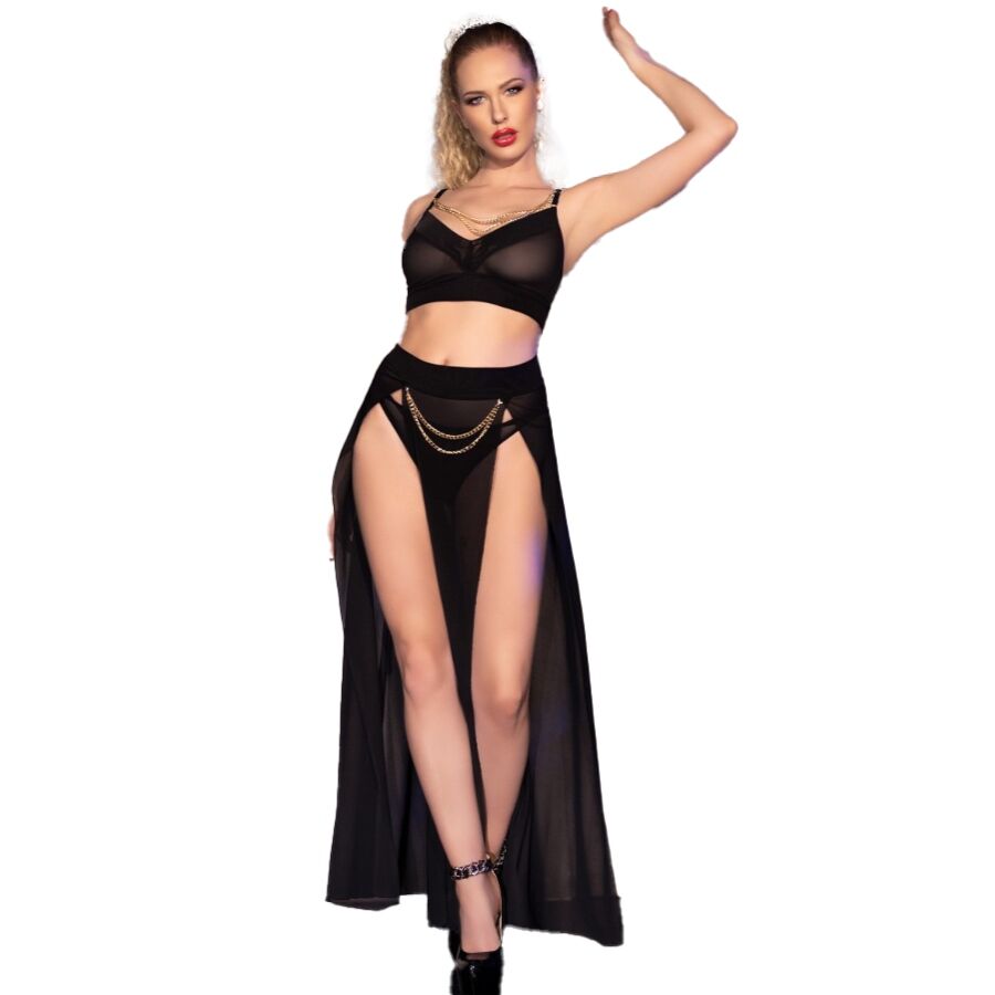 Chilirose - Cr 4672 Schwarzer Top-Rock und Tanga mit Goldenen Ketten L