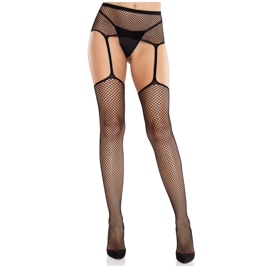 Leg Avenue - Spitzenstrümpfe mit Kreuz und Strumpfgürtel Schwarz
