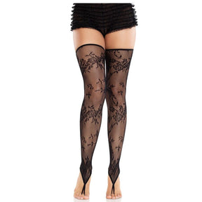 Leg Avenue - Florale Spitzenstrümpfe ohne Fuss Schwarz