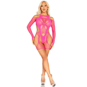 Leg Avenue - Netz-Bodysocking mit Strumpfgürtel und Harness Neon Pink