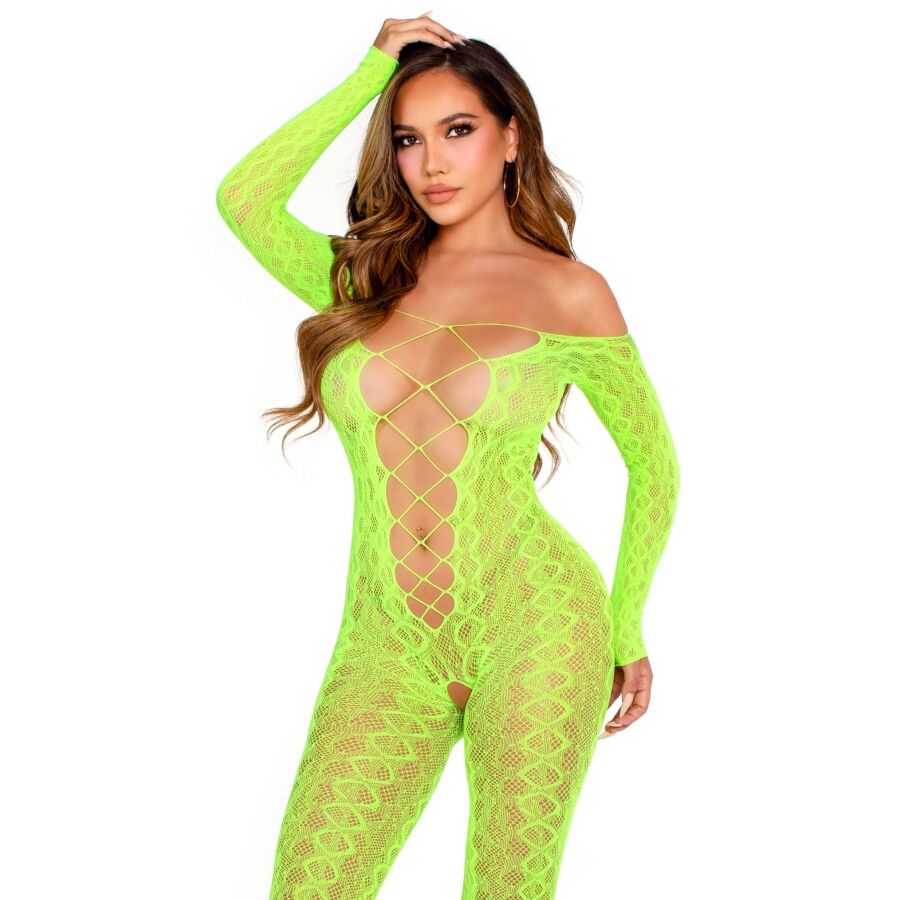 Leg Avenue - Bodystocking mit ohne Schritt Exotic Snake Lace Neongrün