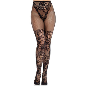 Leg Avenue - Dahlia Spitzenstrümpfe mit Netzdetail Schwarz