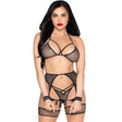 Leg Avenue - 89362 Top + String + Strumpfgürtel + Handschellen Set Schwarz - Eine Grösse