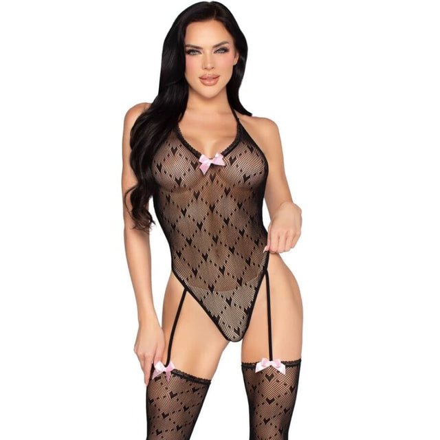 Leg Avenue - 89360 Bodysuit mit Offenem Rücken und Strumpfgürtel Schwarz - Eine Grösse