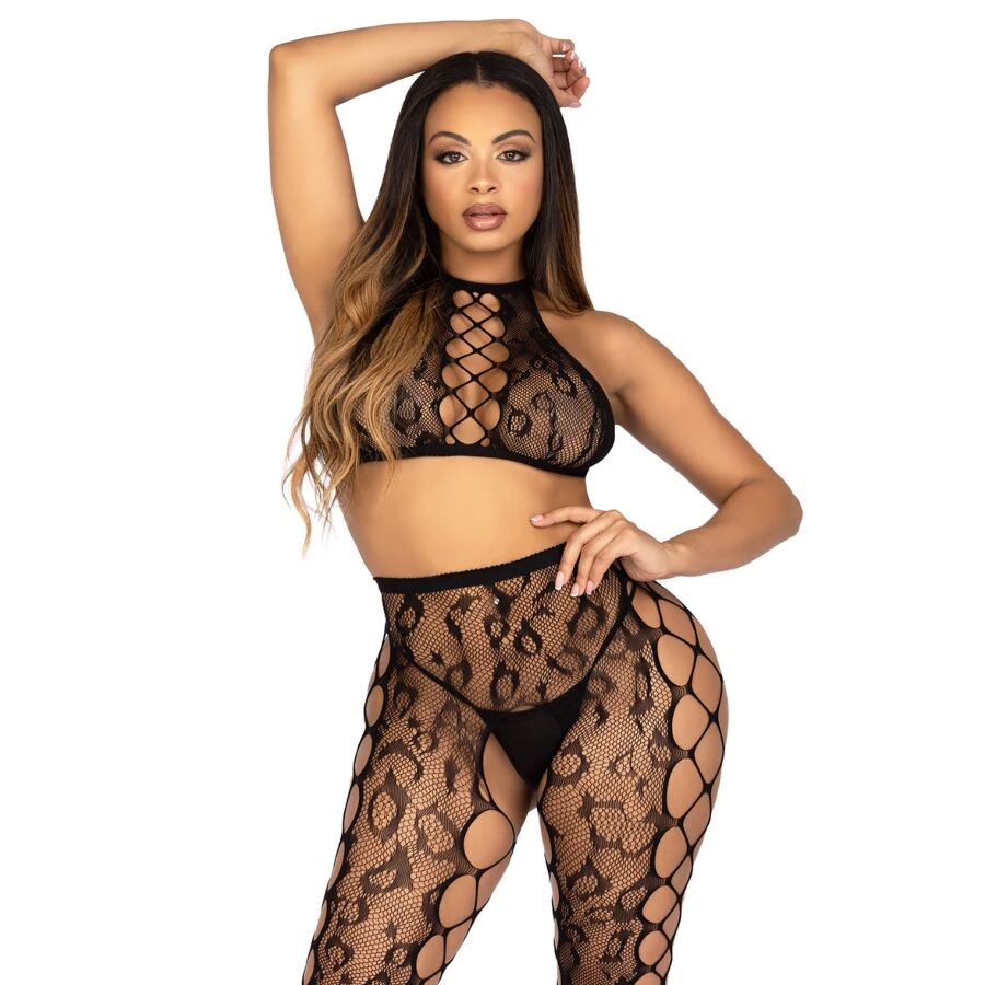 Leg Avenue - 89372 Crop-Top- und Schrittlose Strumpfhose, Schwarz - Einheitsgrösse