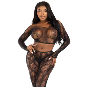 Leg Avenue - 89373 Python-Crop-Top & Fusslose Strumpfhose Schwarz - Einheitsgrösse