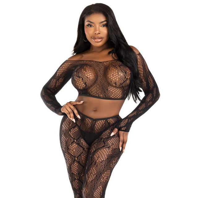 Leg Avenue - 89373 Python-Crop-Top & Fusslose Strumpfhose Schwarz - Einheitsgrösse