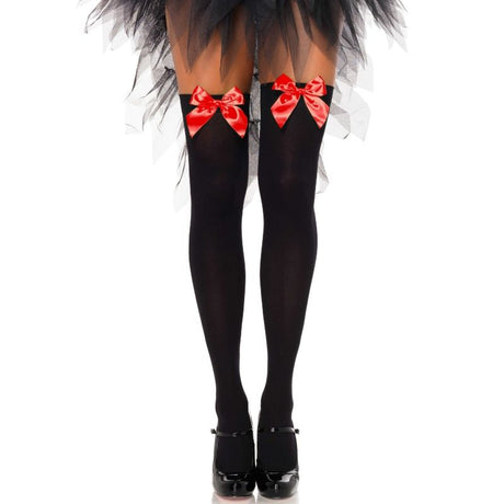 Leg Avenue - Schwarze Nylon-Oberteilhöchse mit Roter Schleife, Eine Grösse