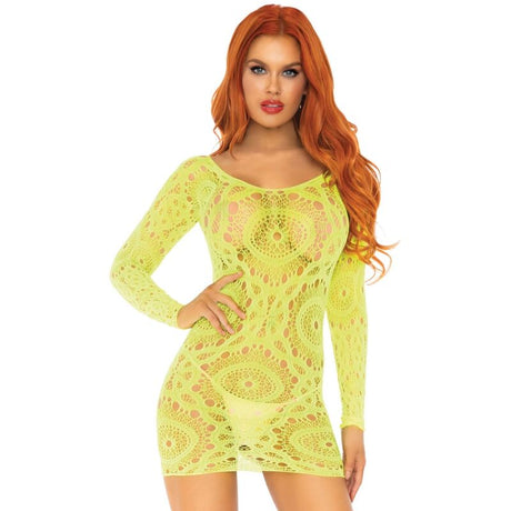 Leg Avenue - Crochet Lace Langrmeliges Minikleid Neon Eine Grösse
