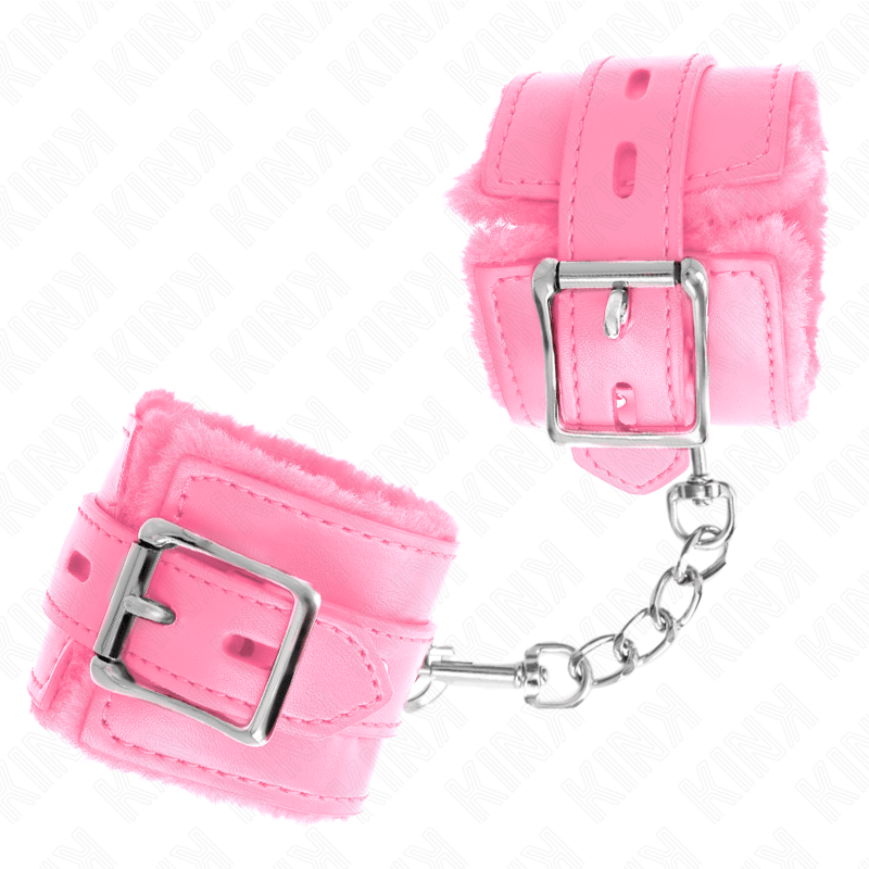 Kink - Pelzgefütterte Handgelenkfesseln mit Quadratischen Löchern, Rosa und Rosa Gürtel, Verstellbar 17-29 cm x 6 cm