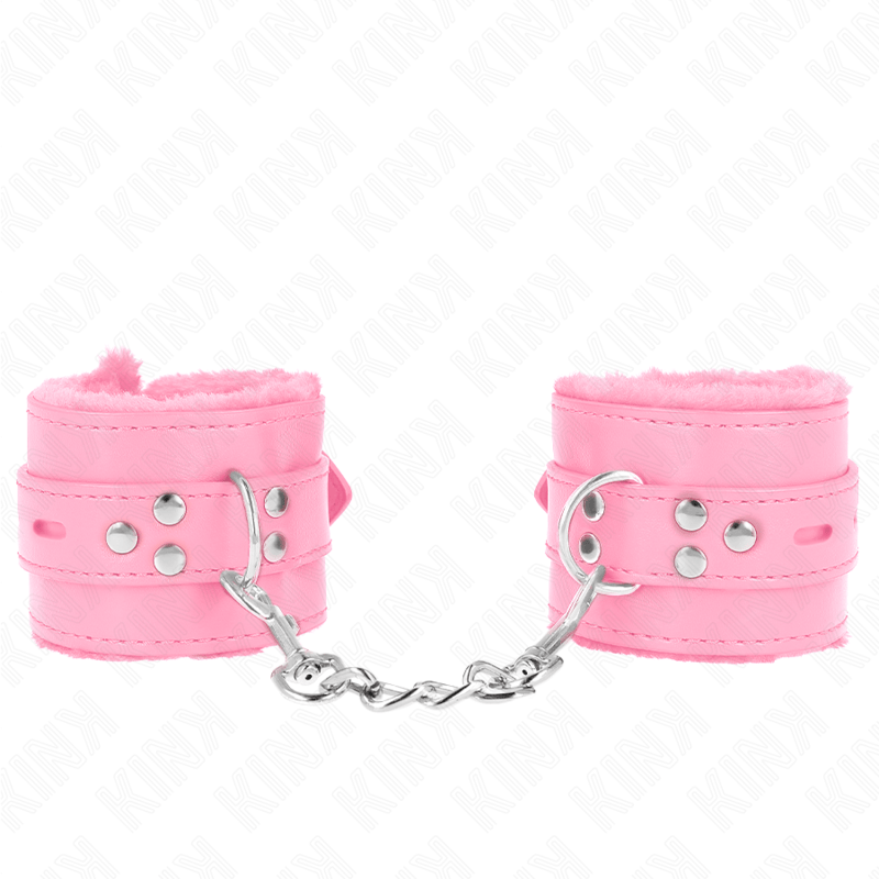 Kink - Pelzgefütterte Handgelenkfesseln mit Quadratischen Löchern, Rosa und Rosa Gürtel, Verstellbar 17-29 cm x 6 cm