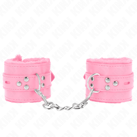 Kink - Pelzgefütterte Handgelenkfesseln mit Quadratischen Löchern, Rosa und Rosa Gürtel, Verstellbar 17-29 cm x 6 cm