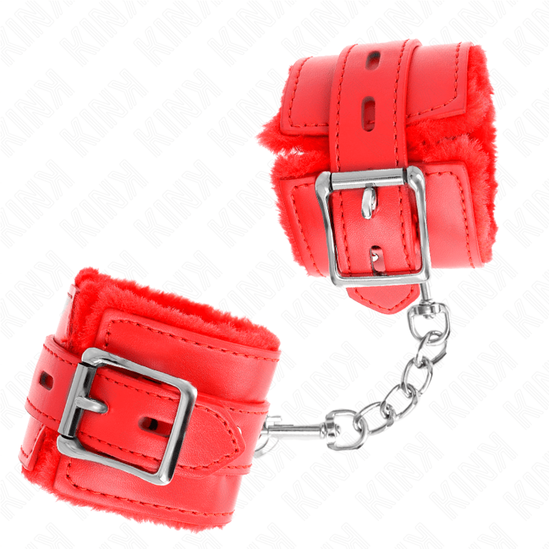 Kink - Pelzgefütterte Handgelenkfesseln mit Quadratischen Löchern, Rot und Roter Gürtel, Verstellbar 17-29 cm x 6 cm