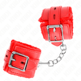 Kink - Pelzgefütterte Handgelenkfesseln mit Quadratischen Löchern, Rot und Roter Gürtel, Verstellbar 17-29 cm x 6 cm