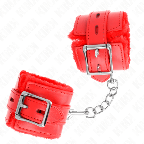Kink - Pelzgefütterte Handgelenkfesseln mit Quadratischen Löchern, Rot und Roter Gürtel, Verstellbar 17-29 cm x 6 cm