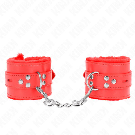 Kink - Pelzgefütterte Handgelenkfesseln mit Quadratischen Löchern, Rot und Roter Gürtel, Verstellbar 17-29 cm x 6 cm
