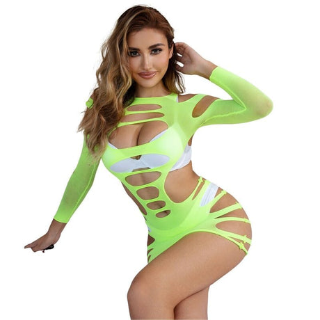 Kleid Langärmeliges elastisches Netzkleid Grün Eine