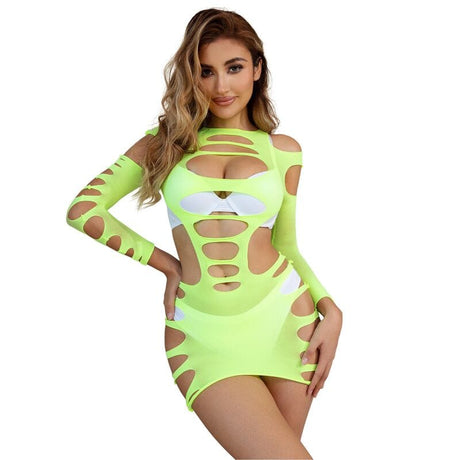 Kleid Langärmeliges elastisches Netzkleid Grün Eine
