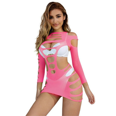 Kleid Langärmeliges elastisches Netzkleid Rosa Eine