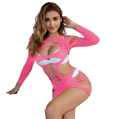 Kleid Langärmeliges elastisches Netzkleid Rosa Eine