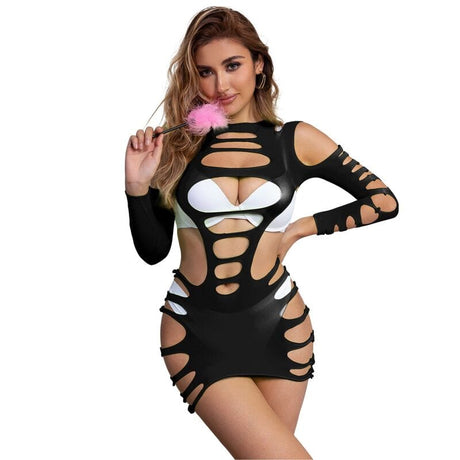 Kleid Langärmeliges elastisches Netzkleid Schwarz Eine