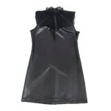 Kleid Lederkleid mit Spitzenkragen Schwarz L/XL