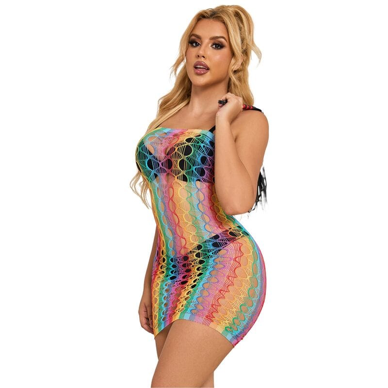 Kleid Regenbogen-Netzkleid mit freien Schultern Eine