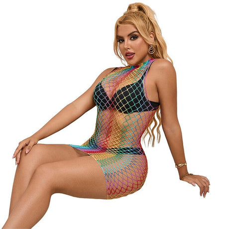 Kleid Regenbogen-Netzkleid mit hohem Kragen ärmellos Eine