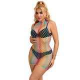 Kleid Regenbogen-Netzkleid mit hohem Kragen ärmellos Eine