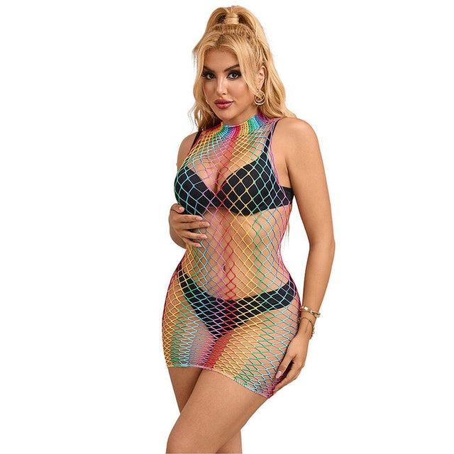 Kleid Regenbogen-Netzkleid mit hohem Kragen ärmellos Eine