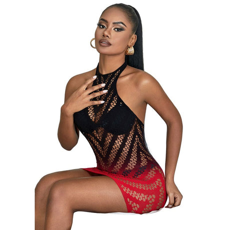 Kleid Rot-schwarzes Kleid aus elastischem Netz mit Degradé-Verlauf Eine