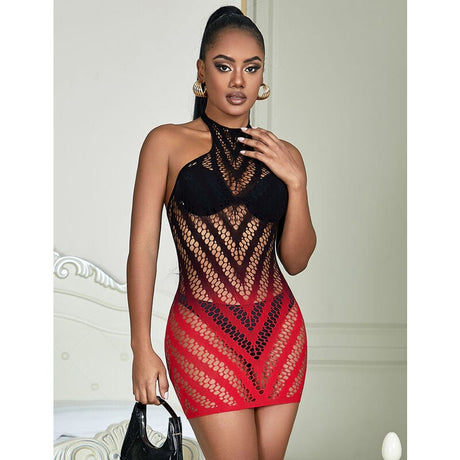 Kleid Rot-schwarzes Kleid aus elastischem Netz mit Degradé-Verlauf Eine