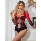 Kleid Rot-schwarzes Kleid mit langen Ärmeln und elastischem Netzverlauf Eine
