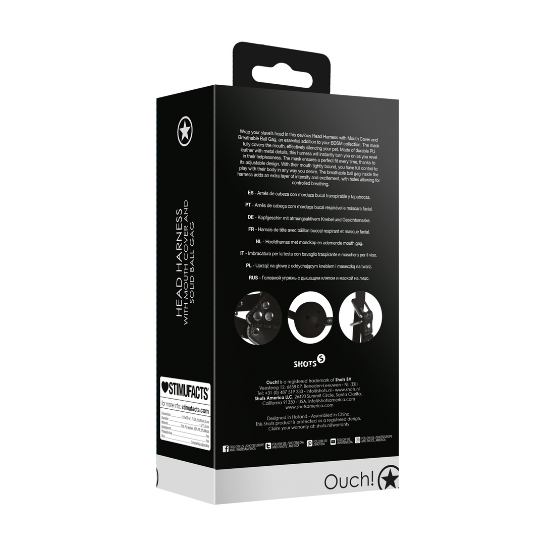Kopfharness Ouch mit Mundabdeckung und Ball mit Luftlöchern 55,2 x Ø 3,9 cm Schwarz – Ansicht 3