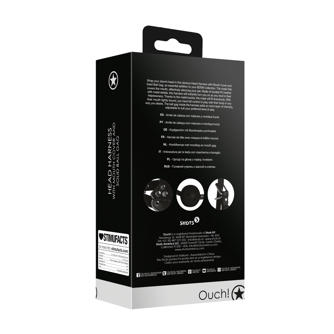 Kopfharness Ouch mit Mundabdeckung und festem Ball 55,2 x Ø 3,9 cm Schwarz – Ansicht 3