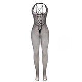 Langer Netz-Bodystocking mit Riemen auf Brust und Rücken Schwarz Einheitsgröße – Ansicht 3