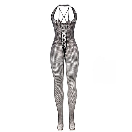 Langer Netz-Bodystocking mit Riemen auf Brust und Rücken Schwarz Einheitsgröße