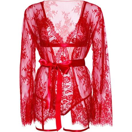Leg Avenue - 86123 Teddy- und Strumpfband-Bademantel-Set, Rot, Grösse S
