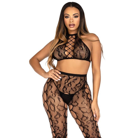 Leg Avenue - 89372 Crop-Top- und Schrittlose Strumpfhose, Schwarz - Einheitsgrösse