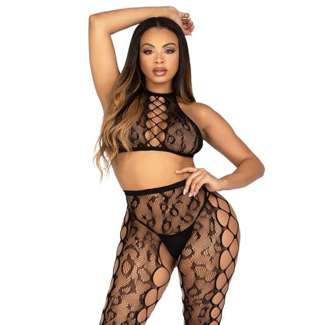 Leg Avenue - 89372 Crop-Top- und Schrittlose Strumpfhose, Schwarz - Einheitsgrösse