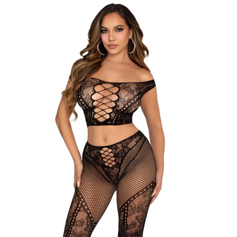 Slip Crop Top und Netzleggings schulterfrei Schwarz