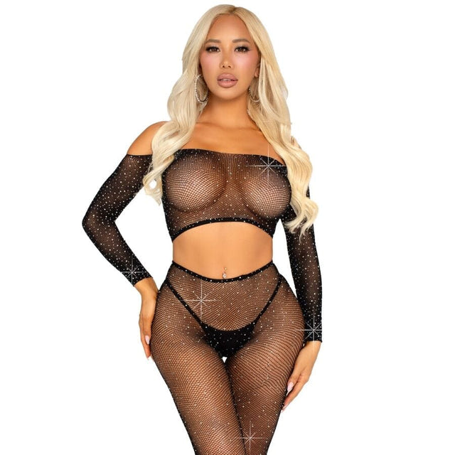Slip Crop Top und Netzleggings mit Strasssteinen Schwarz
