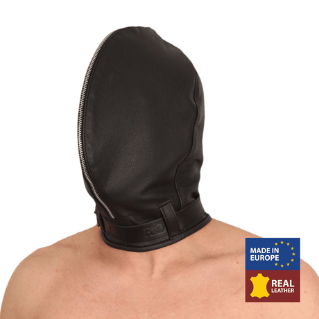 Maske aus Leder als Haube mit Reißverschluss Schwarz